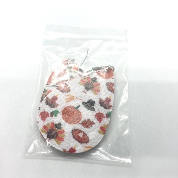 Faux Leather Teardrop Thanksgiving Feast Print Earrings - Picture 4 of 4
